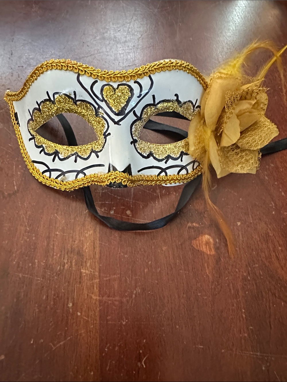 Gold and White Decorative Masquerade Mask with Flower Accent